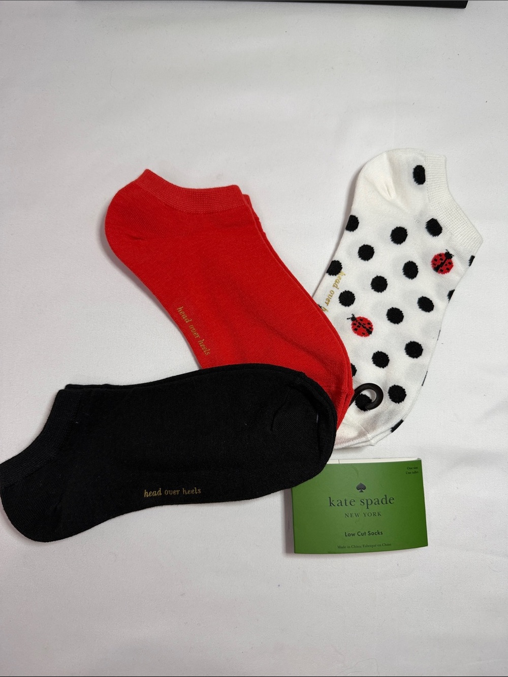 kate spade white polka dot ankle socks with red ladybug